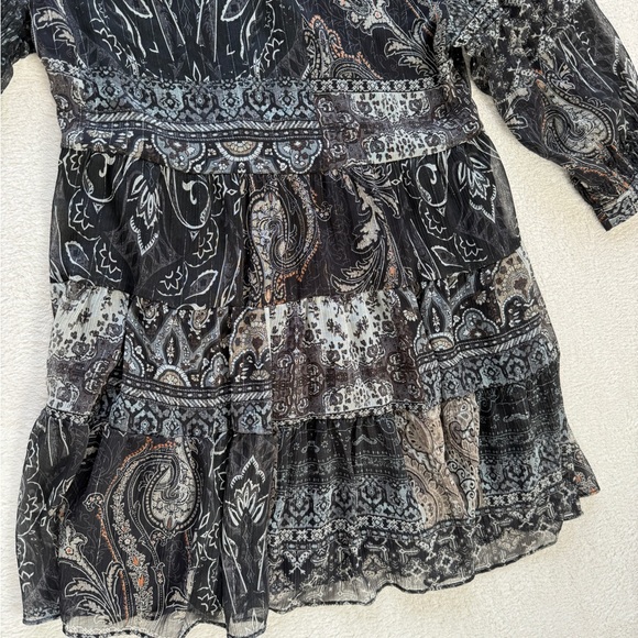 ZARA Boho Paisley Tiered Mini Dress Size M Sheer Long Sleeve Babydoll Tunic - Picture 11 of 16